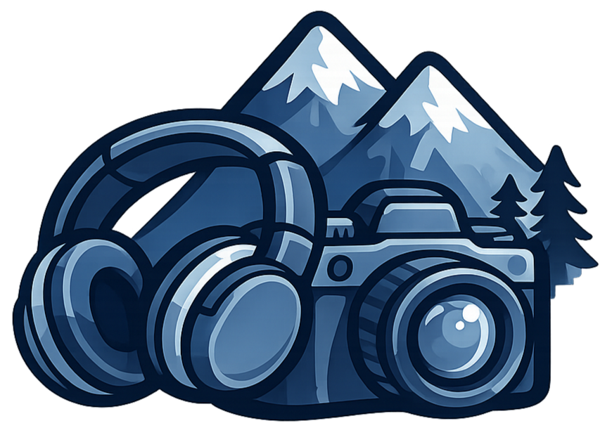 Symbol: Kamera, Kopfhörer und Berge